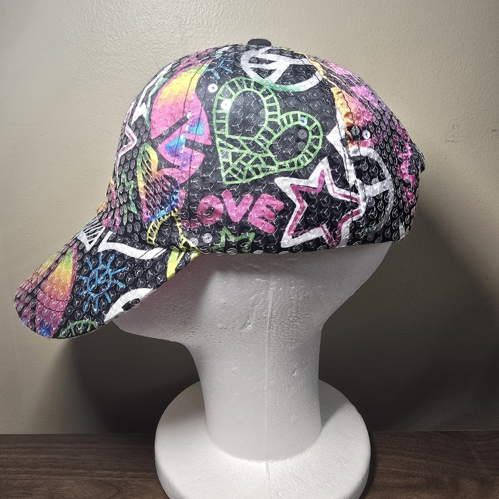 Y2K Justice Girl's Peace Love Rainbow Sequin Hat Graffiti Print Adjustable Cap - Picture 3 of 8